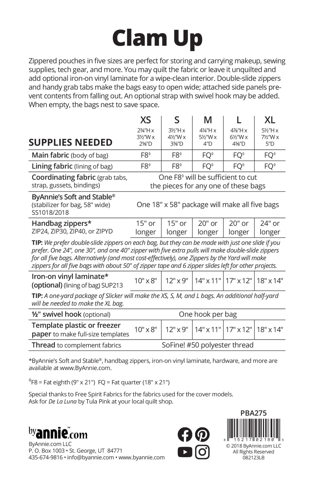 Clam Up sewing pattern back cover from ByAnnie listing the five finished sizes and the supplies needed, including main and lining fabric, ByAnnie's Soft and Stable, zippers, and optional iron-on vinyl laminate.
