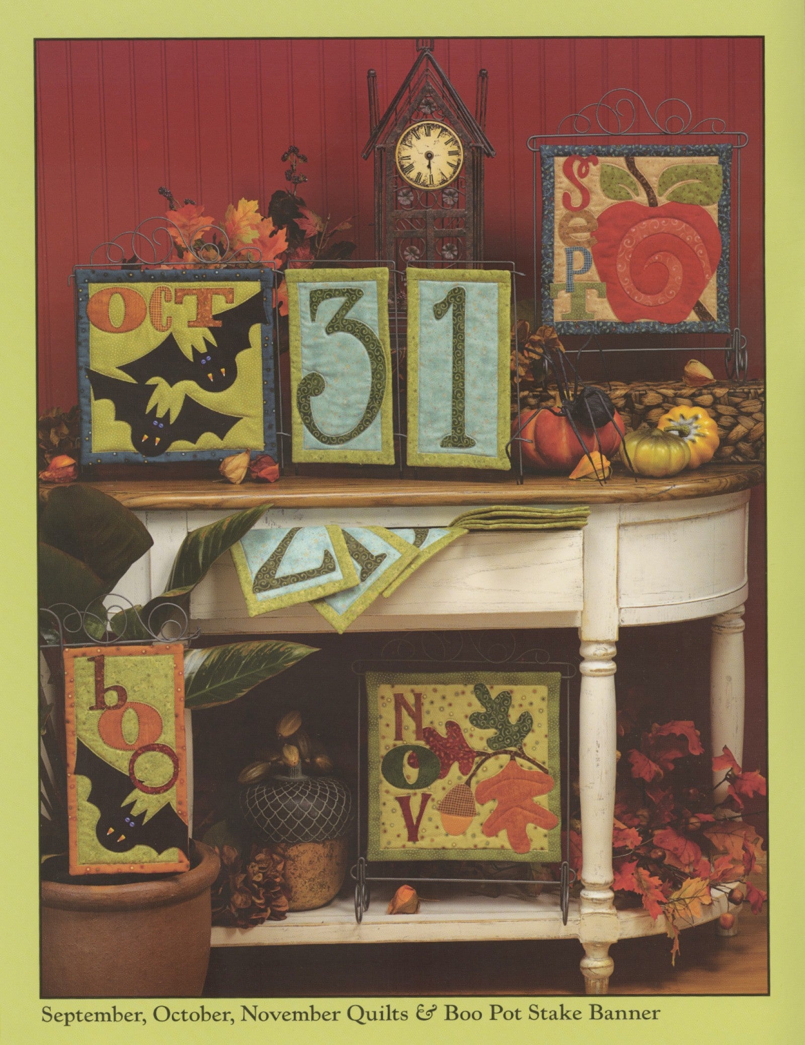 Interior page of the Count On It quilt pattern book by Nancy Halvorsen of Art to Heart, showing the September, October, and November quilts and a Boo pot stake banner.