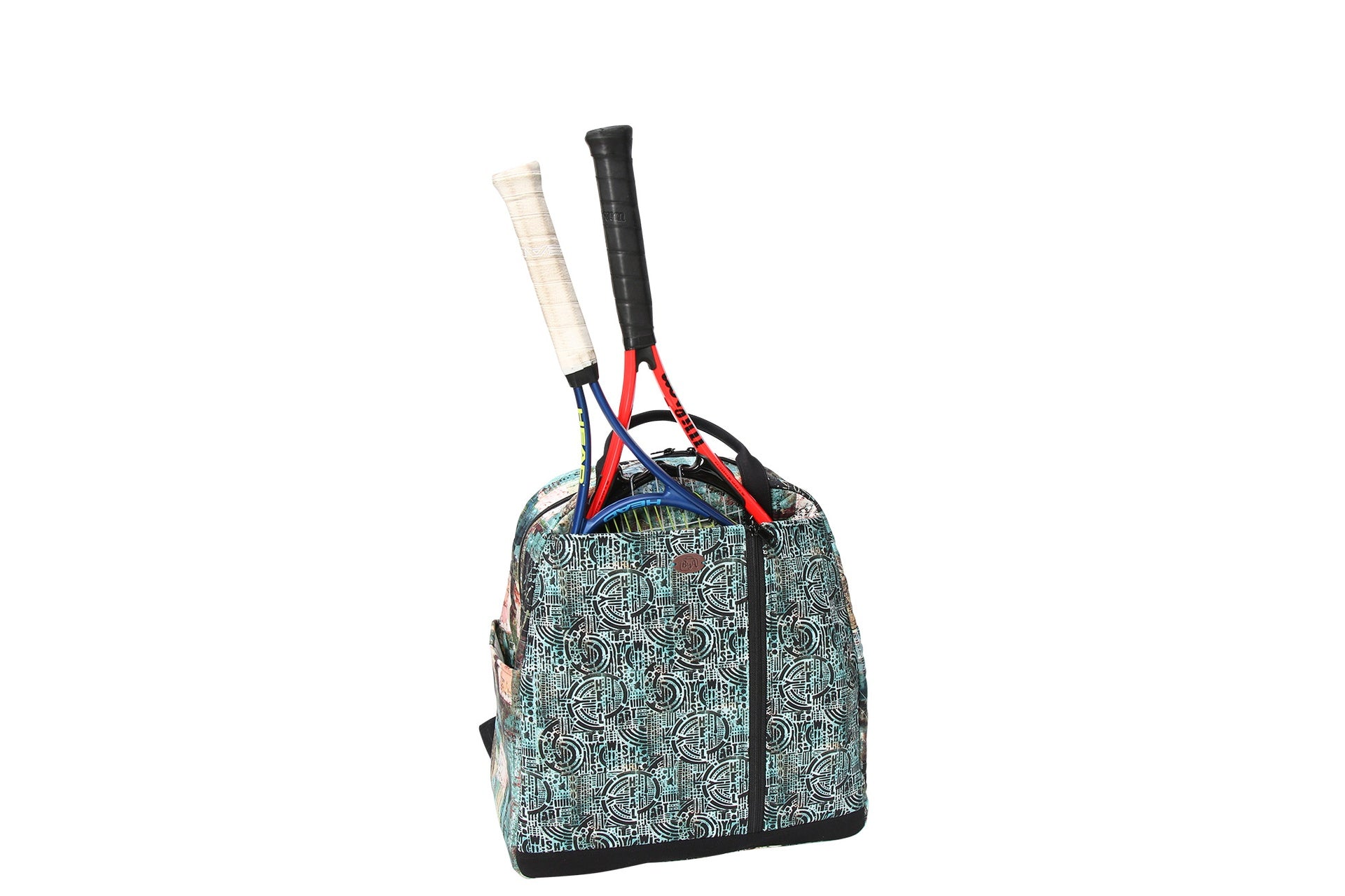 A Courtside bag shown from the side holding two tennis rackets, with a trolley sleeve on the back.