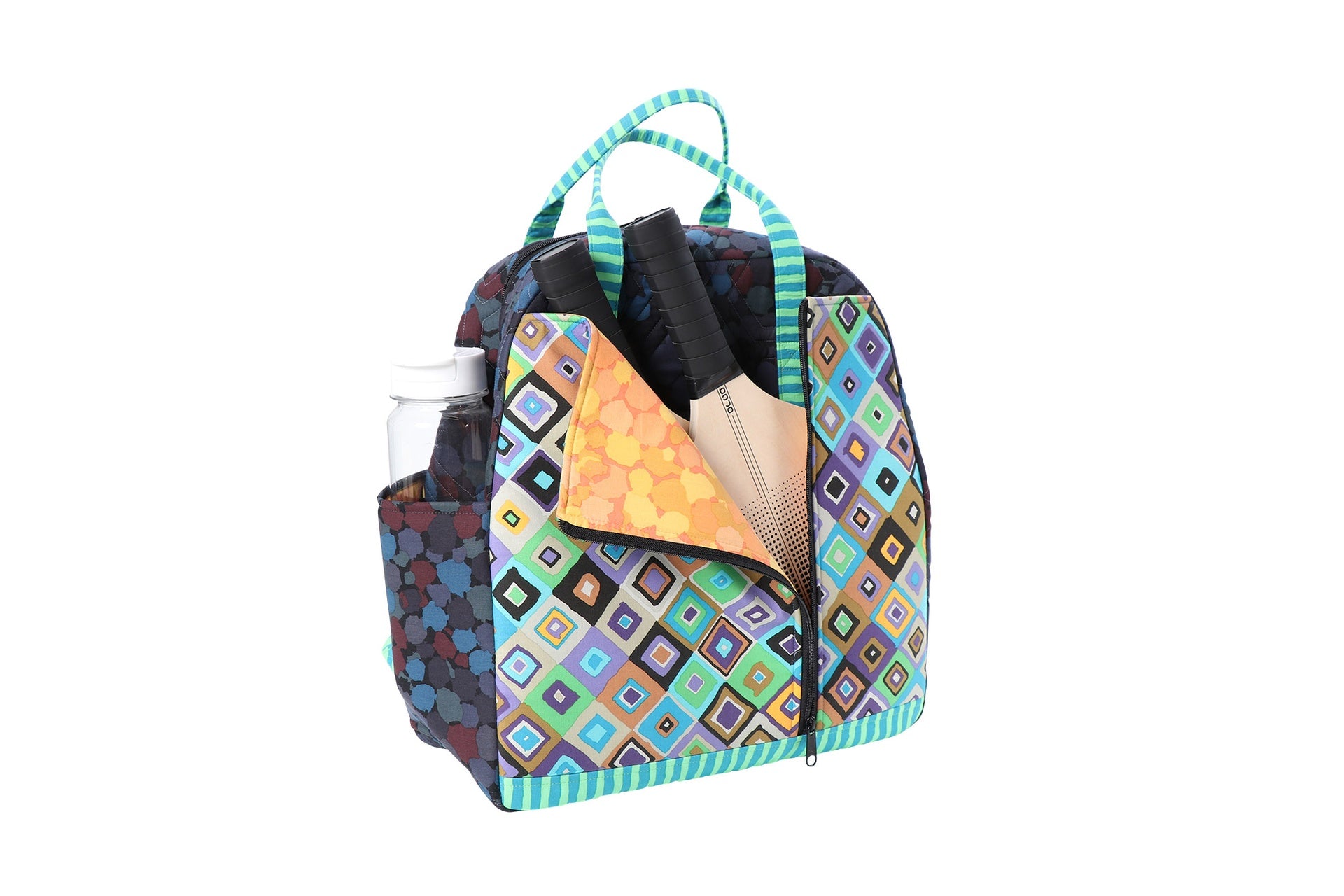 A Courtside bag in a diamond print shown from the side with the expanding pockets open, holding rackets and gear.