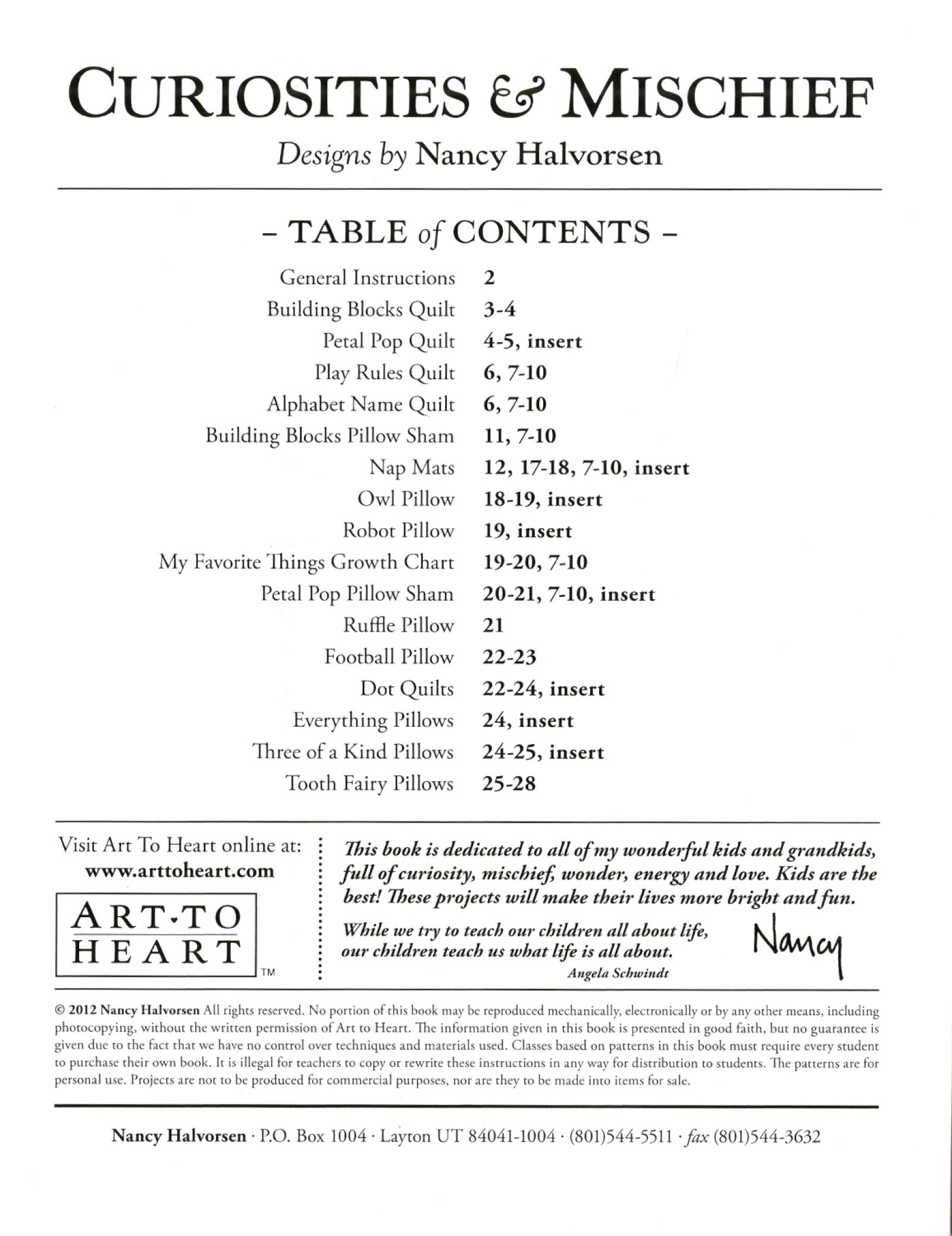 Table of contents page of the Curiosities and Mischief quilt pattern book by Nancy Halvorsen of Art to Heart, listing the projects and their page numbers.