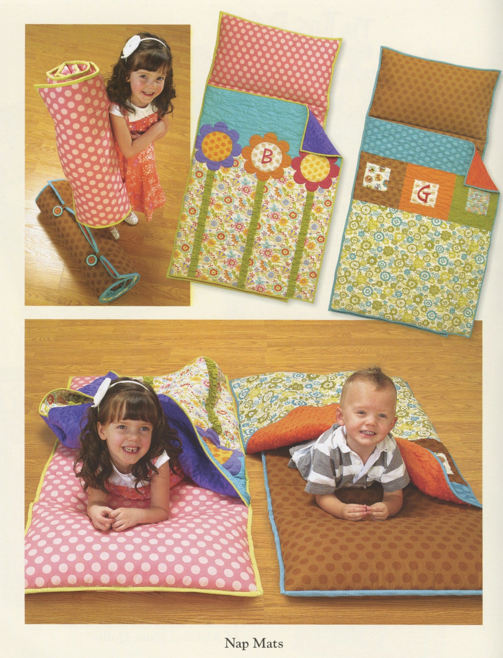 Interior page of the Curiosities and Mischief quilt pattern book by Nancy Halvorsen of Art to Heart, showing children resting on appliqued nap mats with letter and number details.