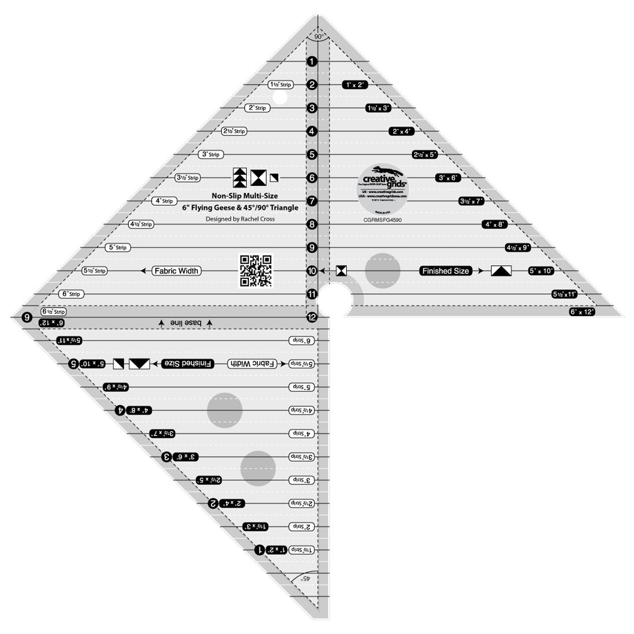 Creative Grids Multi-Size 6-Inch Flying Geese And 45 Degree And 90 Degree Triangle Quilt Ruler (CGRMSFG4590)