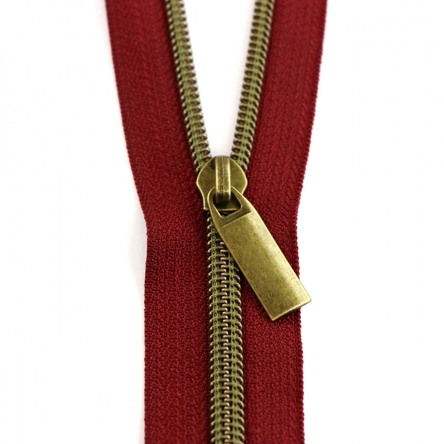 Burgundy #5 Nylon Antique Brass Coil Zippers: 3 Yards with 9 Pulls from Sallie Tomato