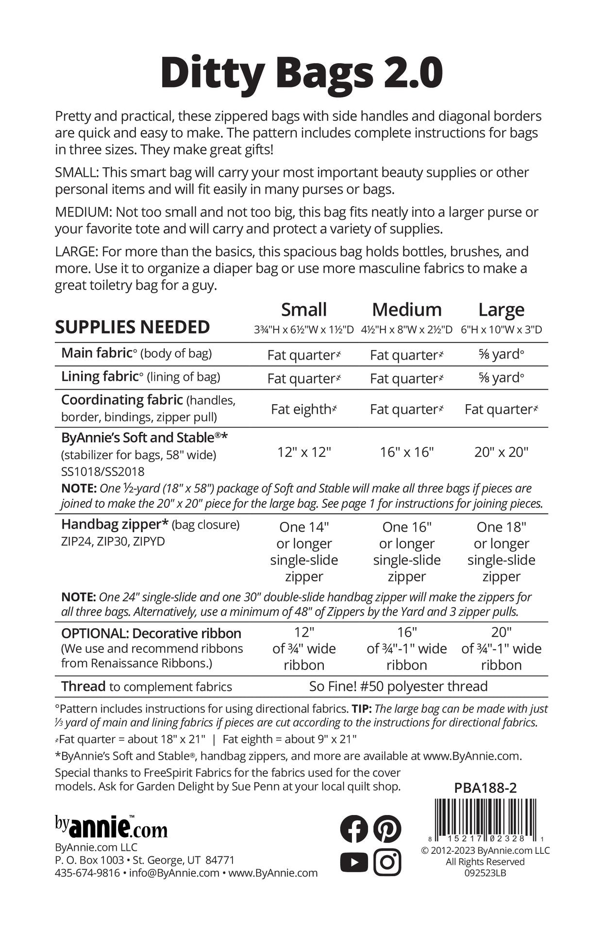 Ditty Bags 2.0 sewing pattern back cover from ByAnnie listing the three finished sizes and the supplies needed for each, including main and lining fabric, ByAnnie's Soft and Stable, a single-slide handbag zipper, and optional ribbon.