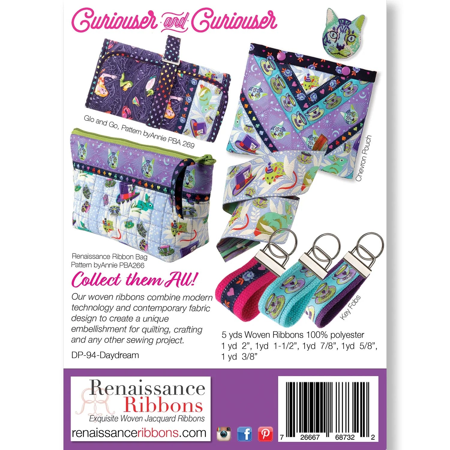Back cover of the Curiouser DayDream Designer Ribbon Pack (DP-94) by Tula Pink for Renaissance Ribbons. It shows finished projects made with the ribbons in lavender and purple tones, including a Glo and Go pouch, a quilted Renaissance Ribbon Bag, a chevron pouch, three key fobs, and a Cheshire cat key charm. Text notes 5 yards of woven ribbons, 100% polyester, in widths 2 inch, 1-1/2 inch, 7/8 inch, 5/8 inch, and 3/8 inch, with the Renaissance Ribbons logo below.