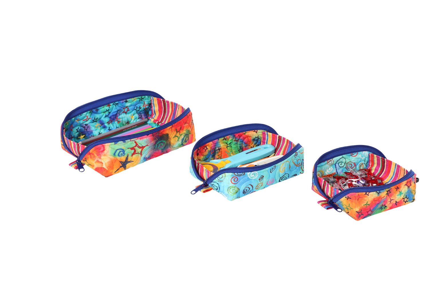 Three Drop Zone pouches in a small, medium, and large size shown zipped closed.