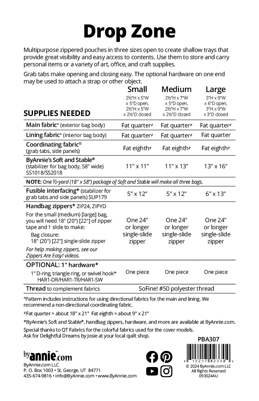 Drop Zone sewing pattern back cover from ByAnnie listing the three finished sizes and the supplies needed, including main and lining fabric, ByAnnie's Soft and Stable, fusible interfacing, and zippers.