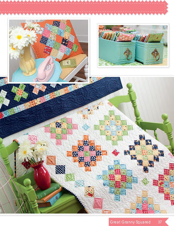 Interior page from the Great Granny Squared quilt pattern book by Lori Holt for It's Sew Emma, showing a scrappy granny-square quilt with a navy border draped over a green bench with a red vase of flowers, plus inset photos of a folded quilt and teal bins of fabric.
