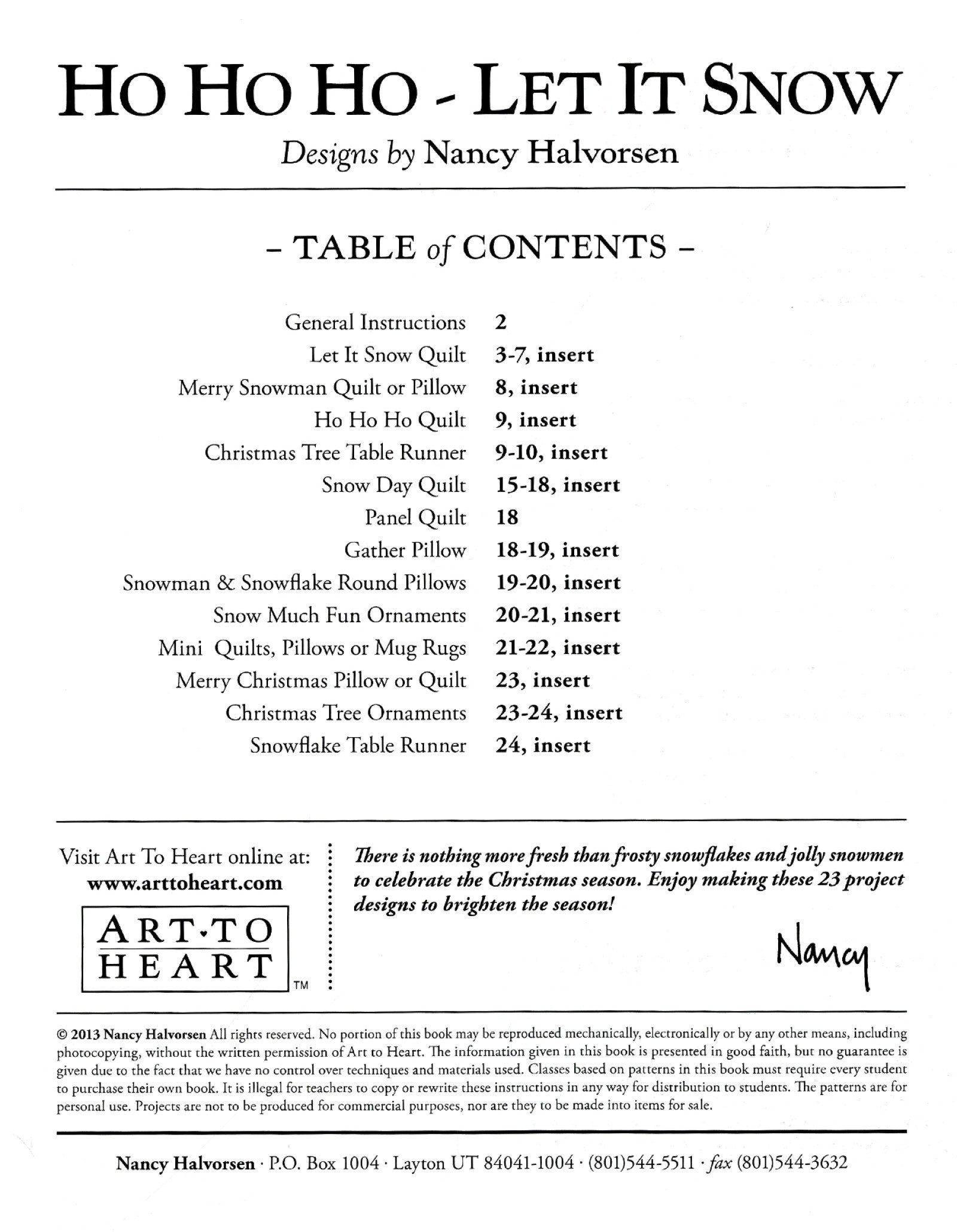 Table of contents page of the Ho Ho Ho Let It Snow quilt pattern book by Nancy Halvorsen of Art to Heart, listing the projects and their page numbers.