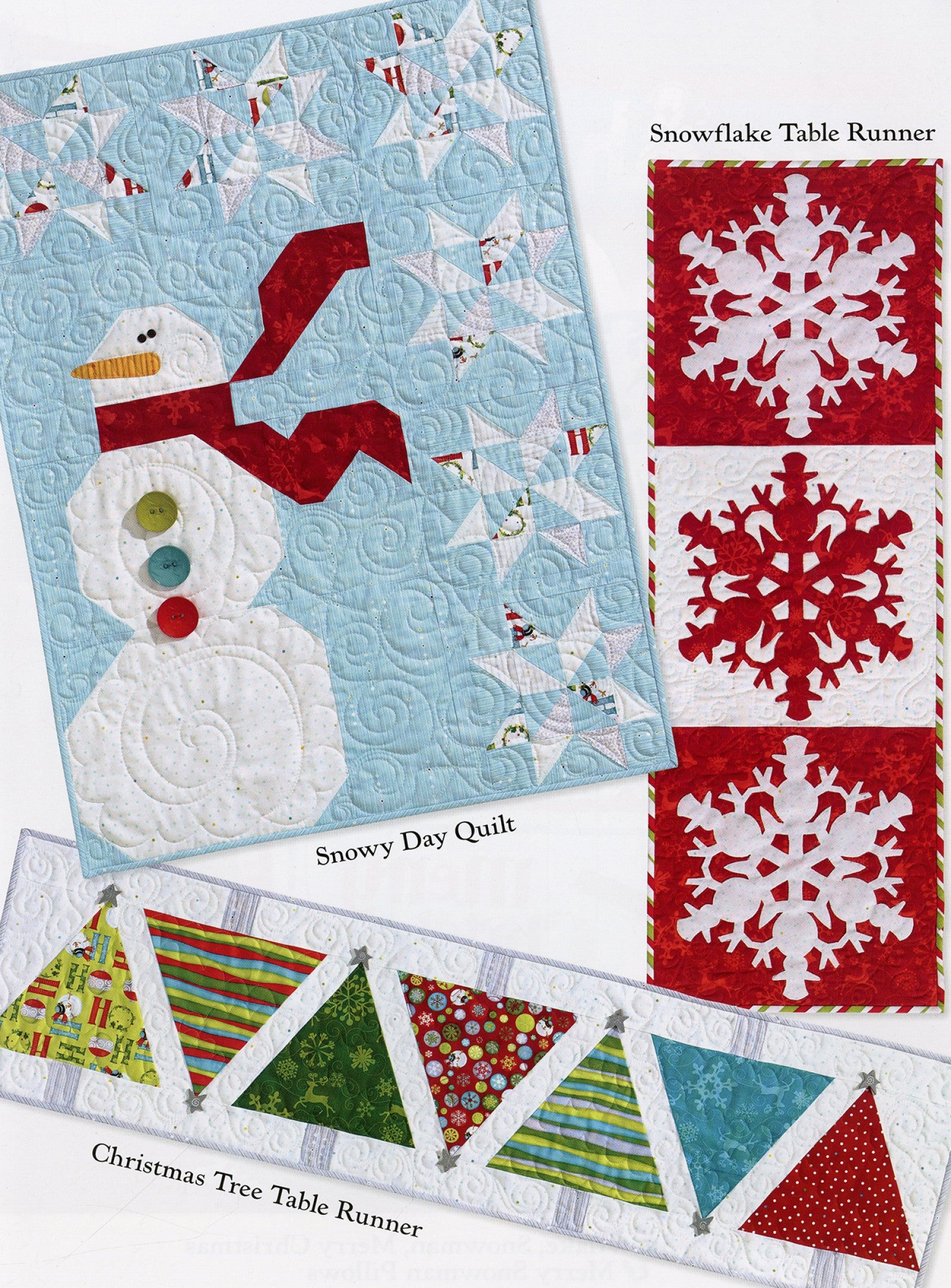 Interior page of the Ho Ho Ho Let It Snow quilt pattern book by Nancy Halvorsen of Art to Heart, showing the Snowflake table runner, Snowy Day Quilt, and Christmas Tree table runner.