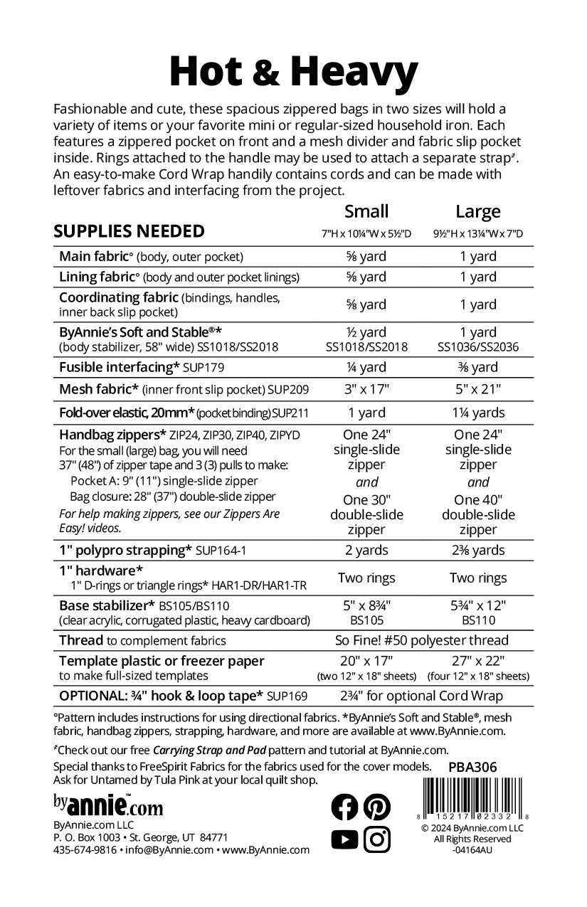 Hot and Heavy sewing pattern back cover from ByAnnie listing the two finished sizes and the supplies needed, including main and lining fabric, ByAnnie's Soft and Stable, interfacing, mesh, zippers, strapping, hardware, fold-over elastic, and a base stabilizer.