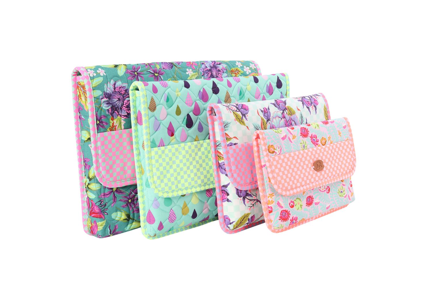 Four iCases device cases in mint and floral prints, stacked from small to extra large, each with a fold-over flap closure.
