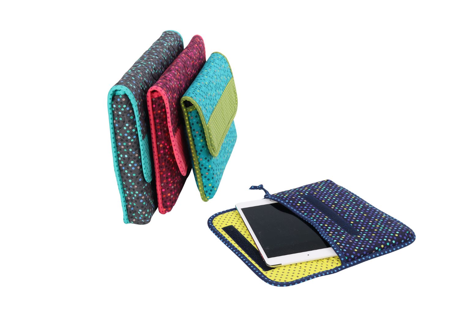 Several iCases cases fanned out, with one opened to show a tablet tucked inside the padded sleeve.