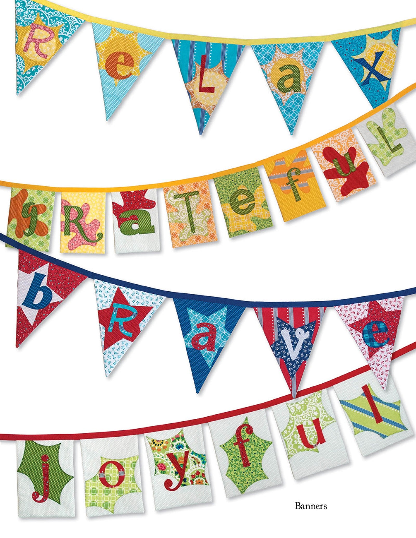 Interior page of the Imagine quilt pattern book by Nancy Halvorsen of Art to Heart, showing appliqued banners spelling Relax, Grateful, Brave, and Joyful.