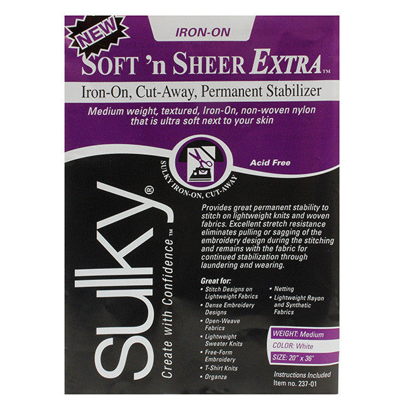 Sulky Soft 'n Sheer Extra package in purple, black, and white, labeled Iron-On, Cut-Away, Permanent Stabilizer and medium weight, textured, iron-on, non-woven nylon, with a list of uses and the size 20 in x 36 in, item 237-01.