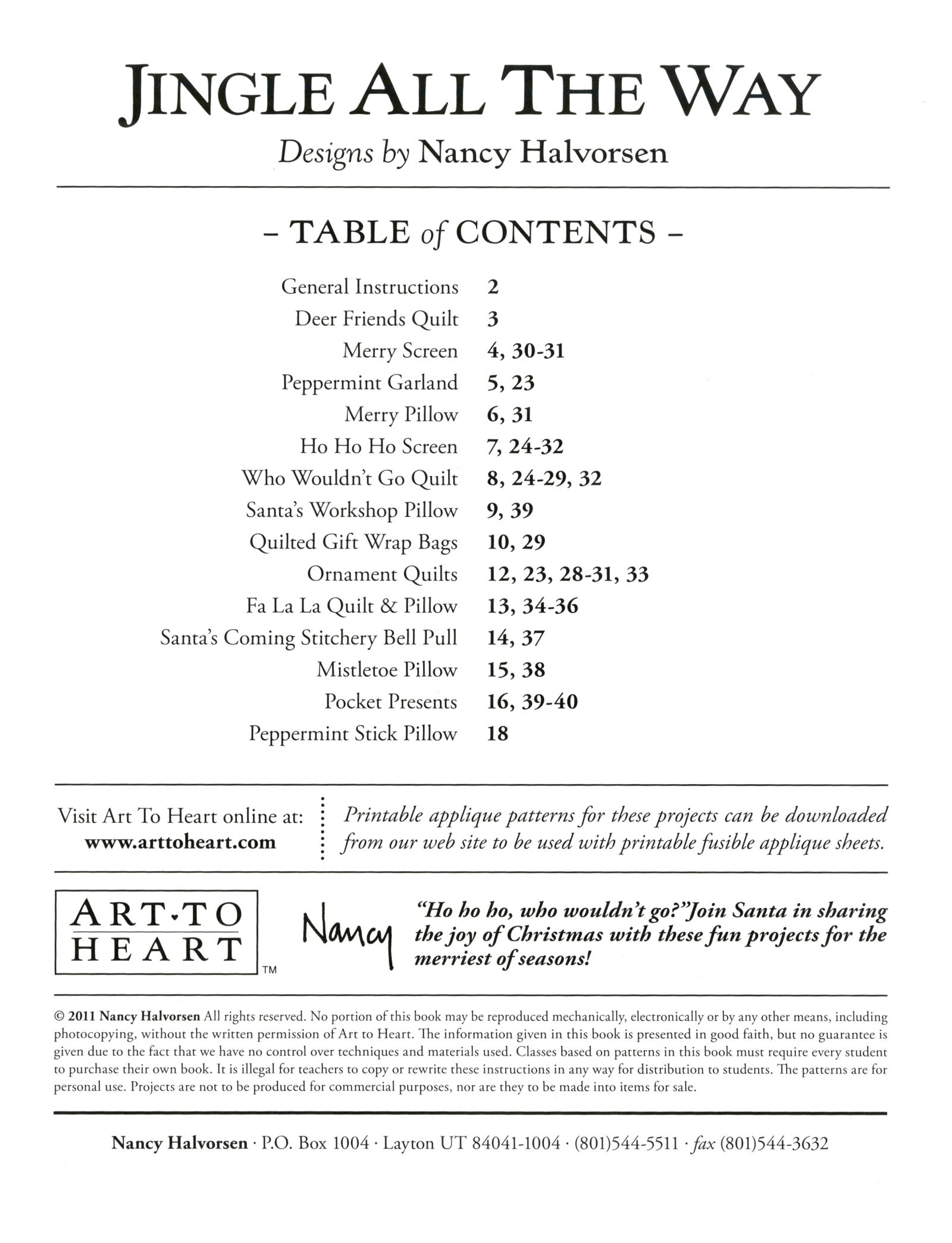 Table of contents page of the Jingle All The Way quilt pattern book by Nancy Halvorsen of Art to Heart, listing the projects and their page numbers.