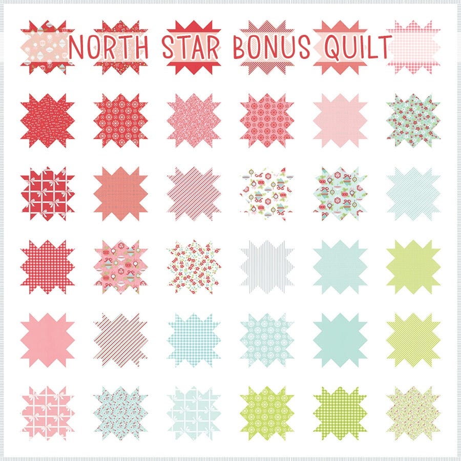 Illustrated layout of the North Star bonus quilt, a grid of pieced star blocks in red, pink, aqua, and green Christmas prints.