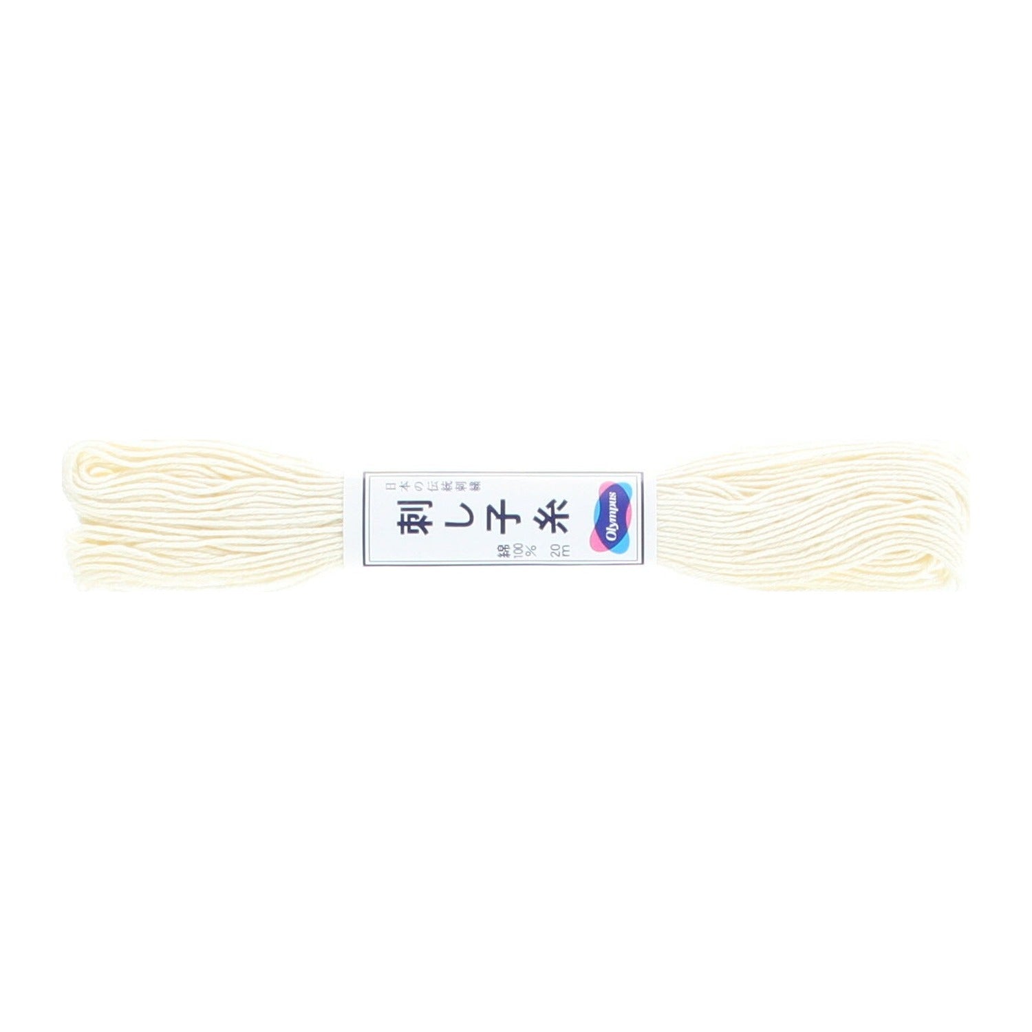 Olympus sashiko thread in off white, a 22-yard skein of unbleached ecru matte cotton thread lying horizontally in the printed Olympus paper band, on a white background.