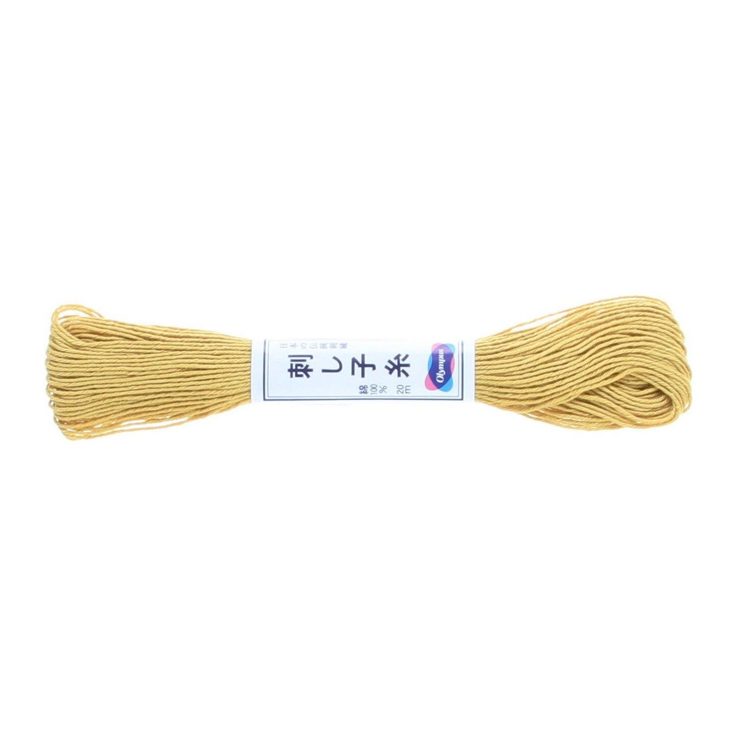 Olympus sashiko thread in gold, a 22-yard skein of warm mustard-gold matte cotton thread lying horizontally in the printed Olympus paper band, on a white background.