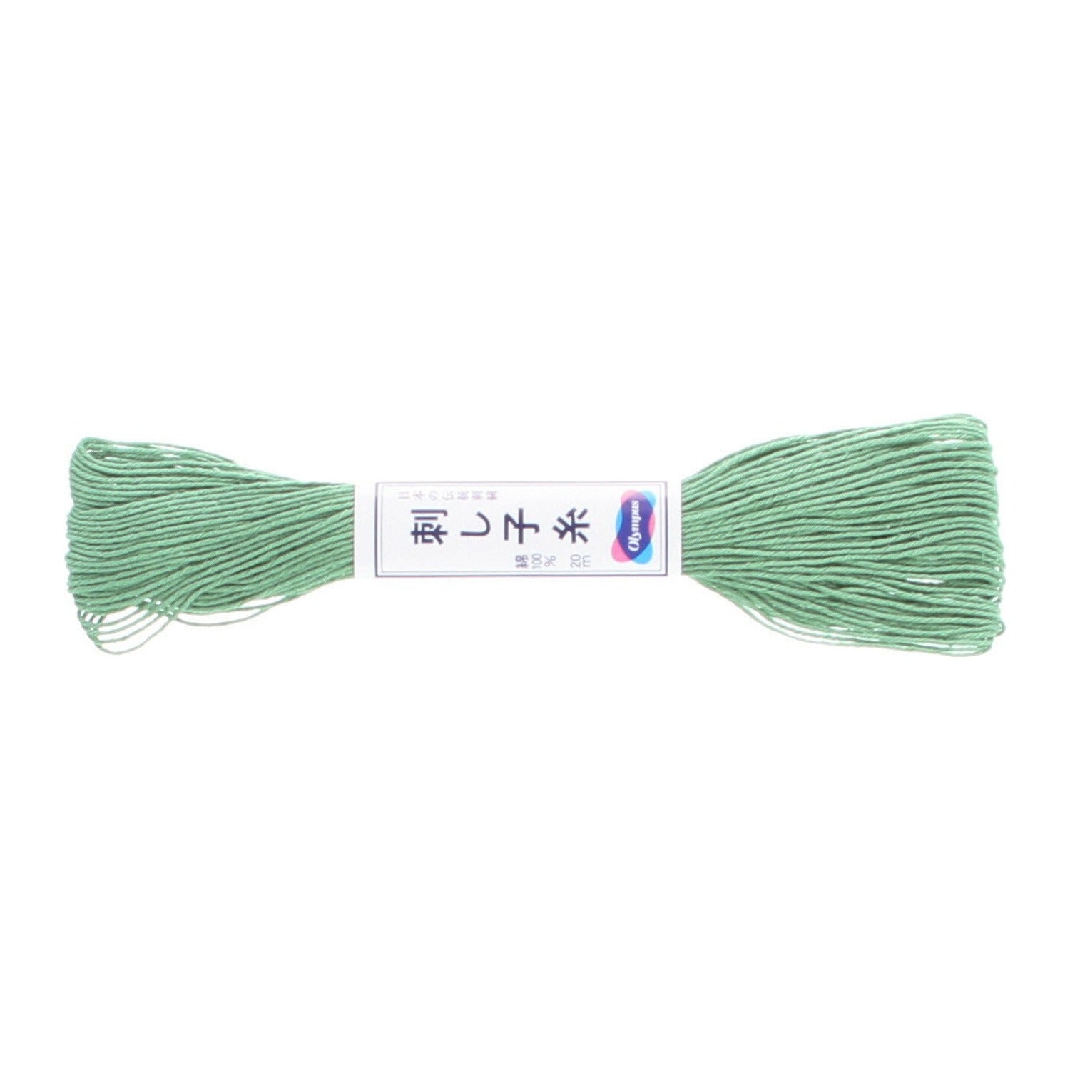 Olympus sashiko thread in green, a 22-yard skein of soft leaf-green matte cotton thread lying horizontally in the printed Olympus paper band, on a white background.