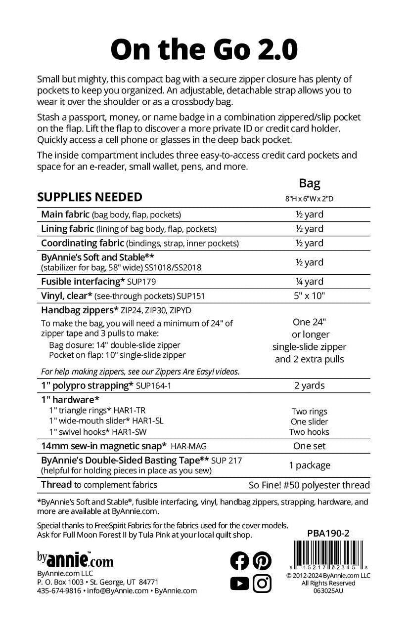 On the Go 2.0 sewing pattern back cover from ByAnnie listing the finished size and the supplies needed, including main and lining fabric, ByAnnie's Soft and Stable, fusible interfacing, vinyl, a zipper, strapping, hardware, and a magnetic snap.