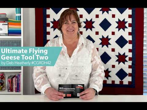 Creative Grids instructional video demonstrating the Ultimate Flying Geese Tool Two by Deb Heatherly (CGRDH42), showing how to trim pieced flying geese units to an exact size.