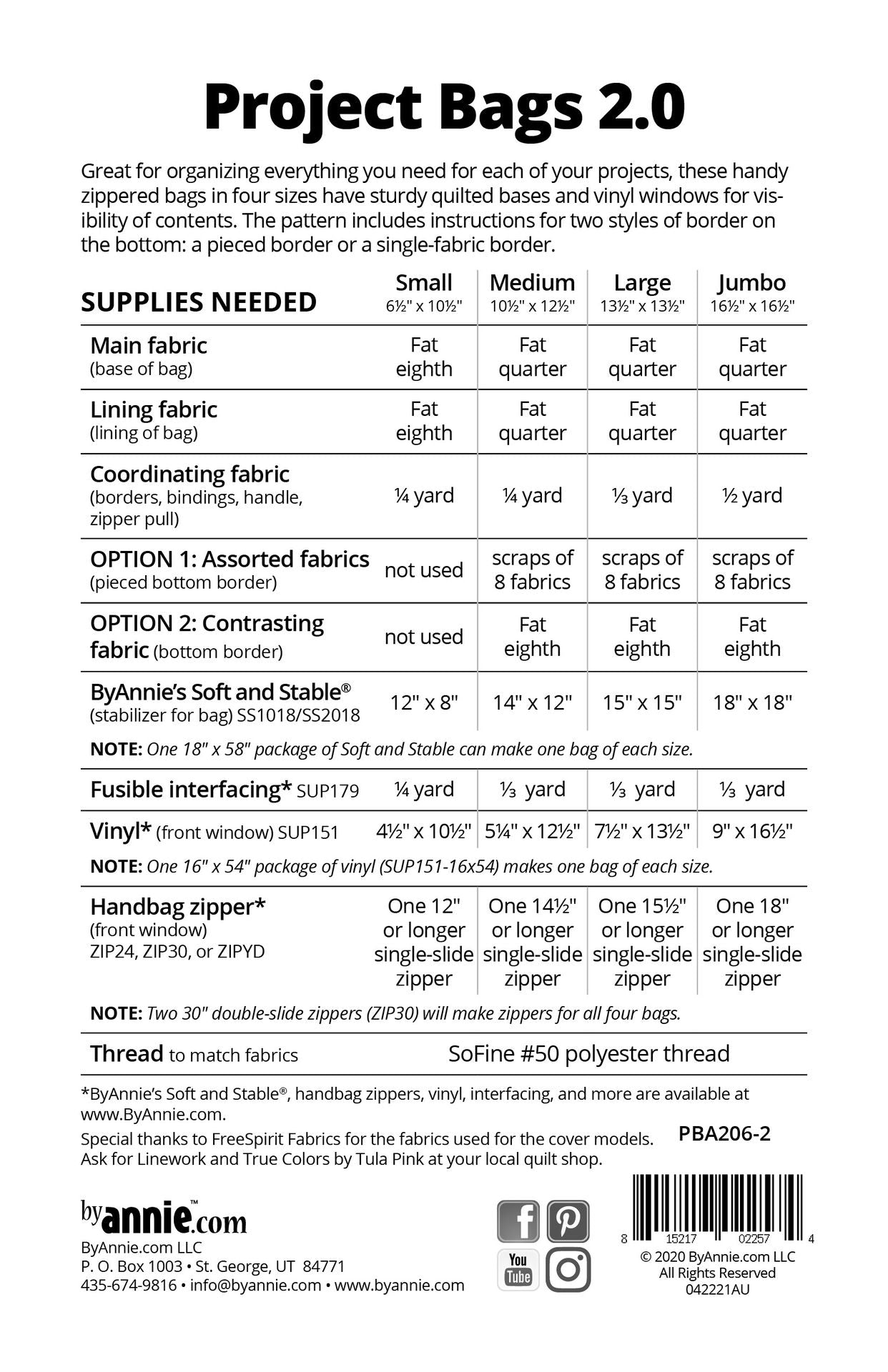 Project Bags 2.0 sewing pattern back cover from ByAnnie listing the four finished sizes and the supplies needed, including main and lining fabric, ByAnnie's Soft and Stable, fusible interfacing, clear vinyl, and a single-slide zipper.