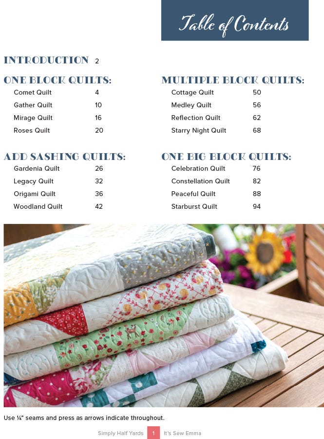 Table of contents from Simply Half Yards, listing the sixteen quilts in four groups: one block, add sashing, multiple block, and one big block.