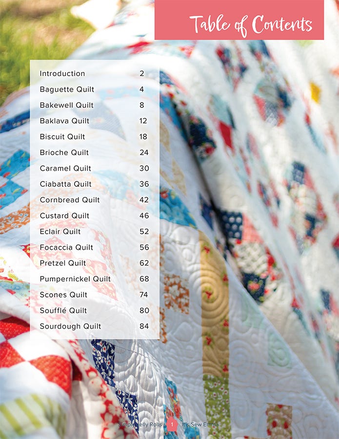 Table of contents from Simply Jelly Rolls, listing the sixteen bakery-named quilts with page numbers.