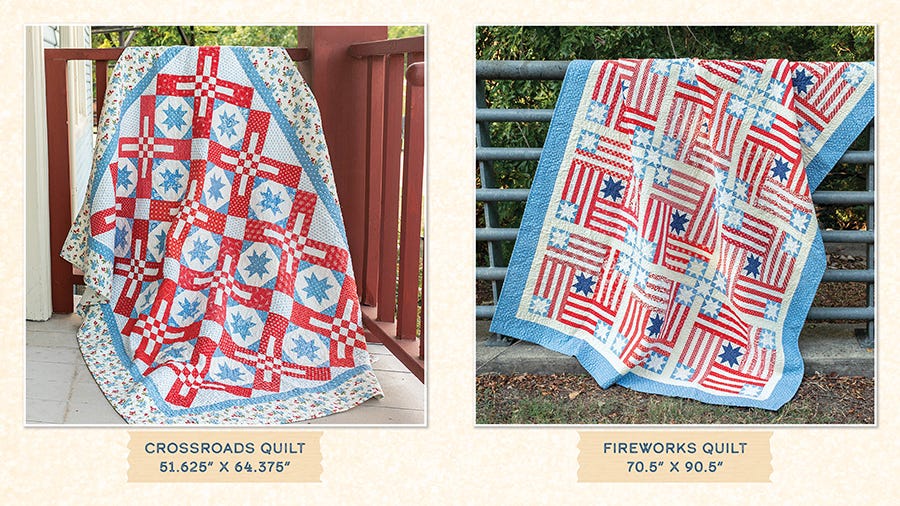 Two quilts from Summer Memories by Susan Ache: the Crossroads Quilt in red and blue patchwork and the Fireworks Quilt of pieced flags, with finished sizes.