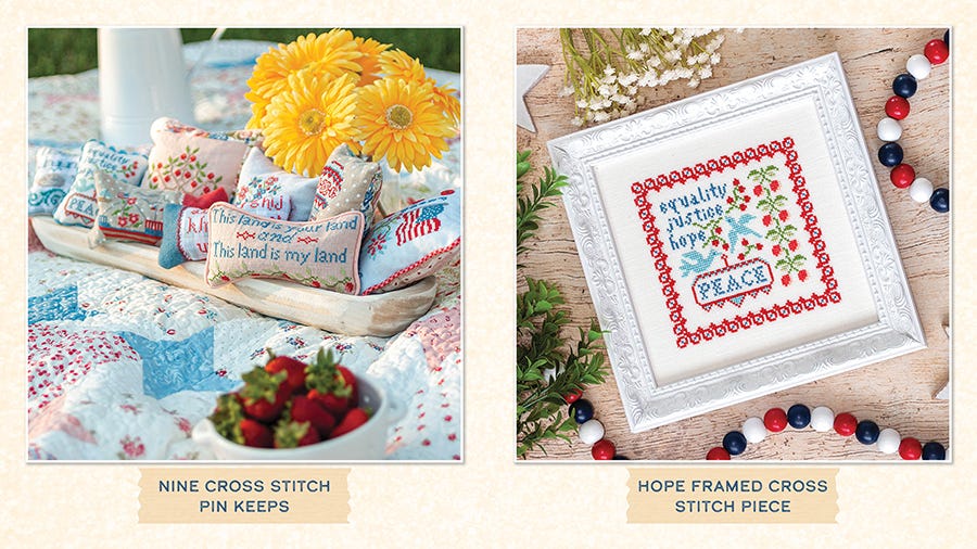 Cross stitch projects from Summer Memories: a set of nine stitched pin keeps with sampler text and a framed Hope cross stitch piece, styled with flowers and strawberries.