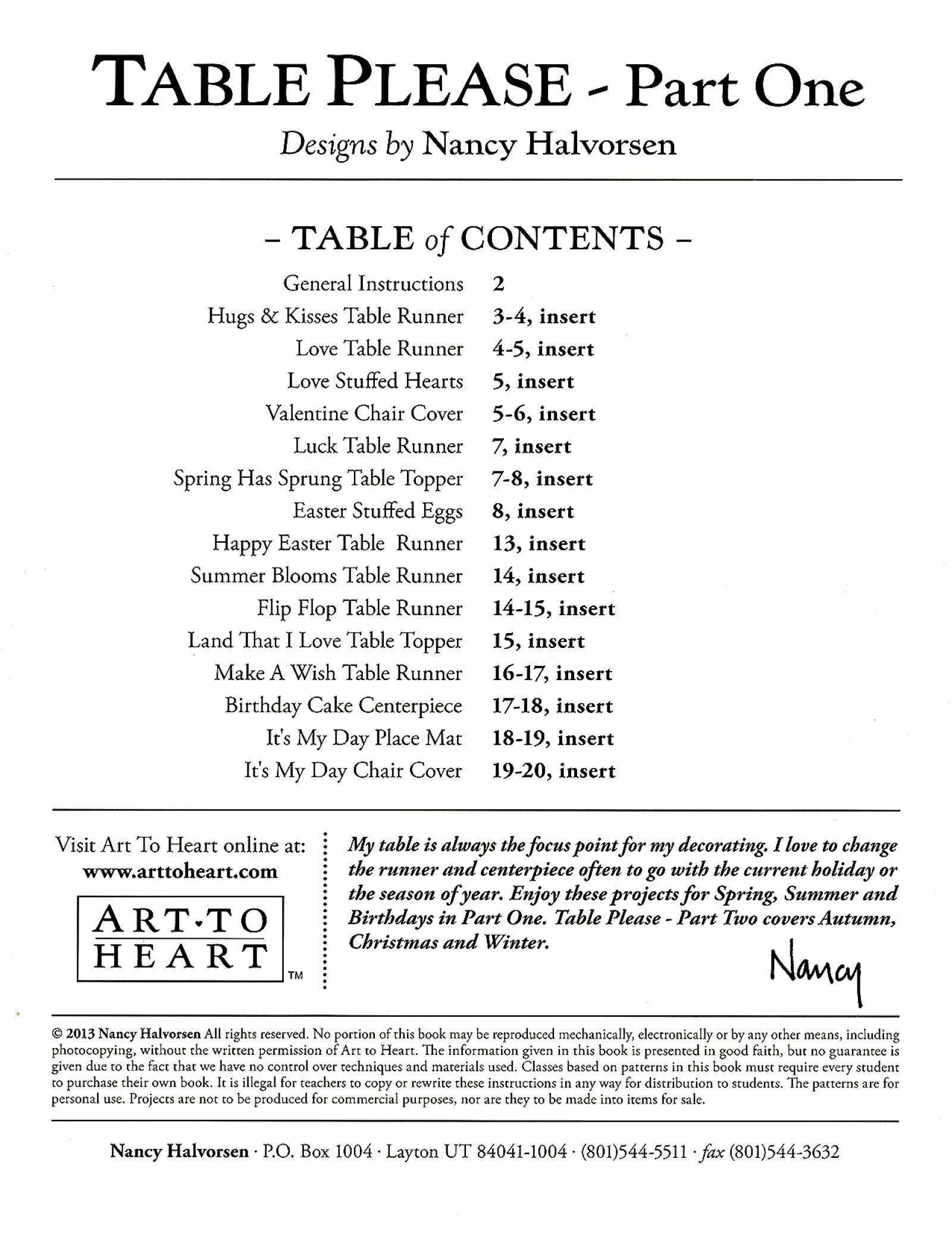 Table of contents page of the Table Please Part One quilt pattern book by Nancy Halvorsen of Art to Heart, listing the projects and their page numbers.