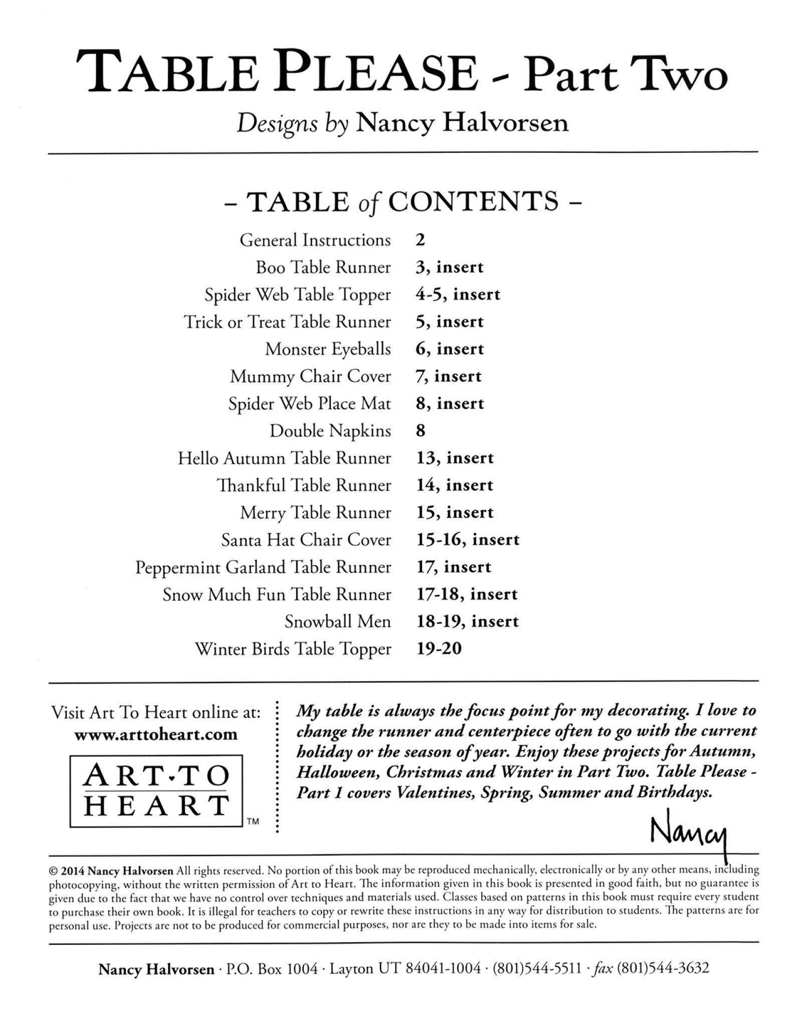Table of contents page of the Table Please Part Two quilt pattern book by Nancy Halvorsen of Art to Heart, listing the projects and their page numbers.