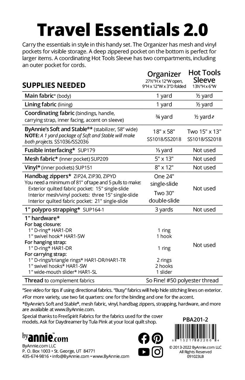 Travel Essentials 2.0 sewing pattern back cover from ByAnnie listing the finished sizes and the supplies needed for the organizer and hot tools sleeve, including fabric, ByAnnie's Soft and Stable, mesh, vinyl, zippers, strapping, and hardware.