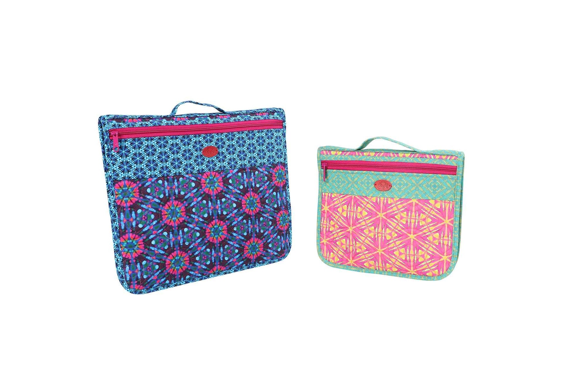 A small and a large Zip It Up organizer shown closed, each with a top handle and an outer zippered pocket.