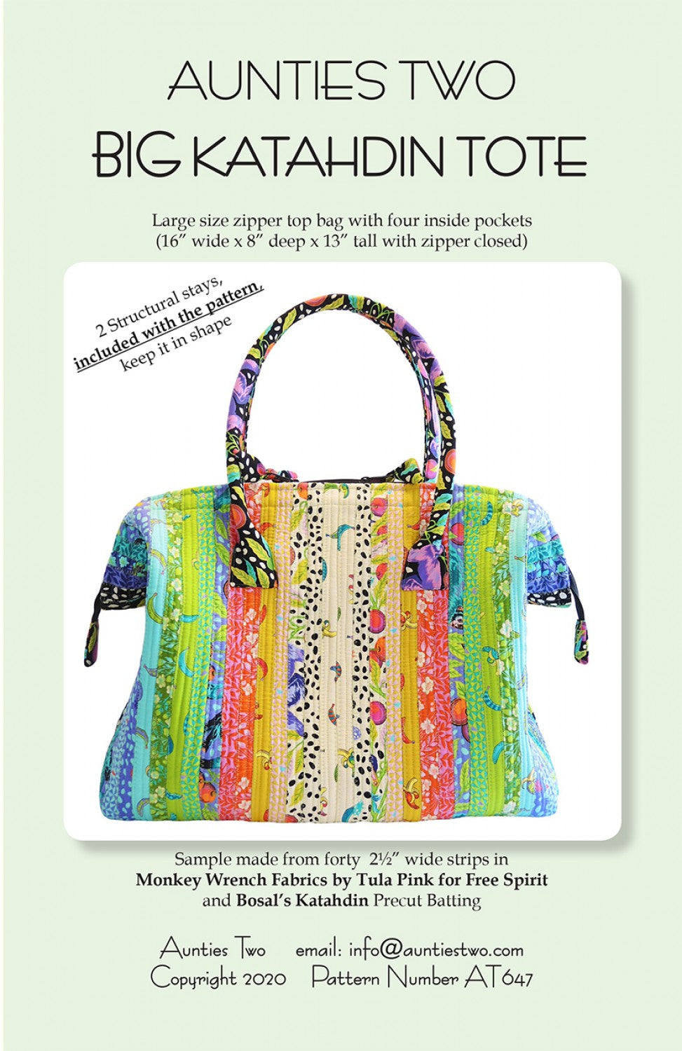Big Katahdin Tote Sewing Pattern with Two Bag Stays by Carol McLeod of Aunties Two
