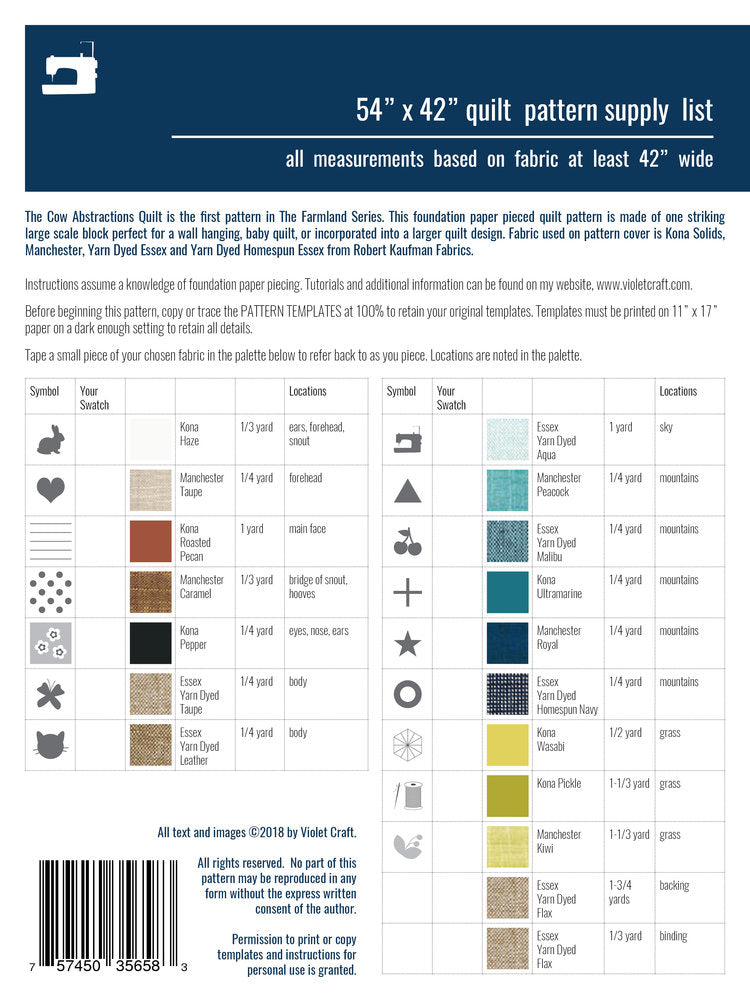The Cow Abstractions 54-Inch x 42-Inch Foundation Paper Pieced Quilt Pattern by Violet Craft