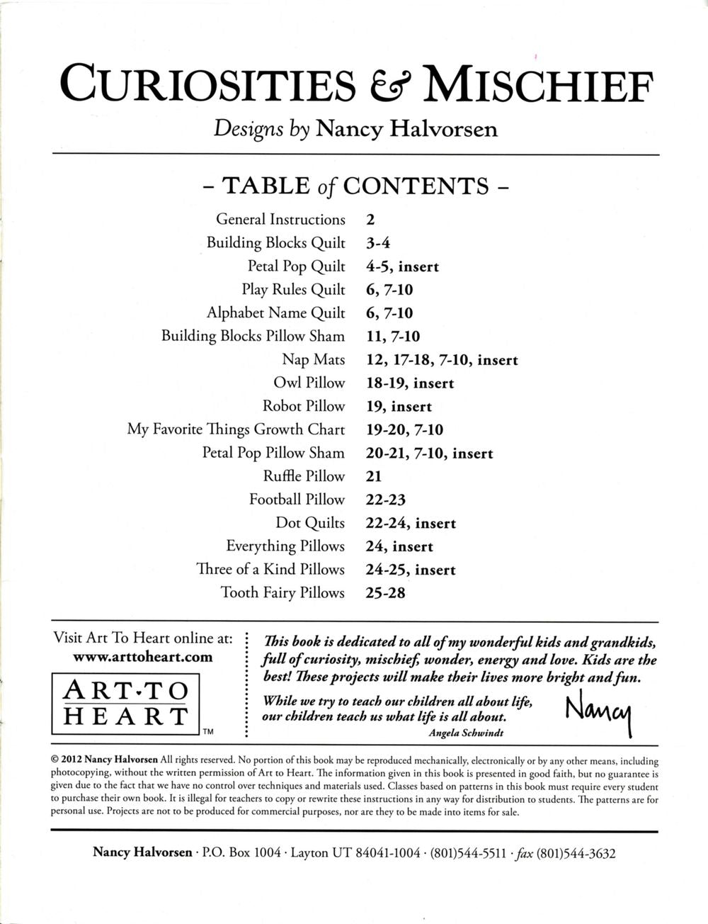 Curiosities And Mischief Quilt Pattern Book by Nancy Halvorsen of Art to Heart