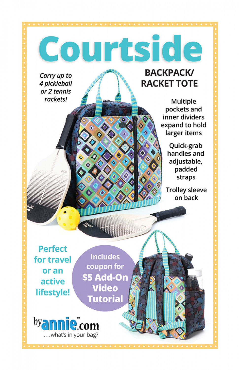 Courtside Backpack/Racket Tote Sewing Pattern by Annie Unrein for ByAnnie