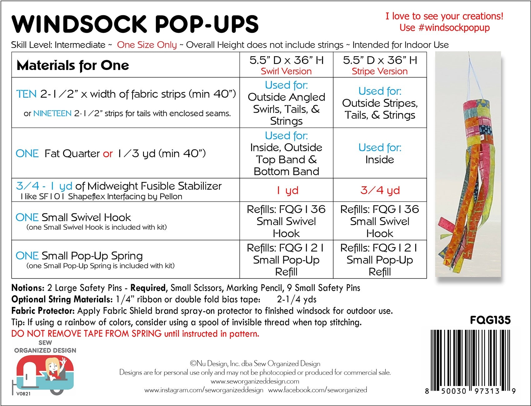 Windsock Pop Up Sewing Pattern Kit by Joanne Hillestad of Sew Organized Design