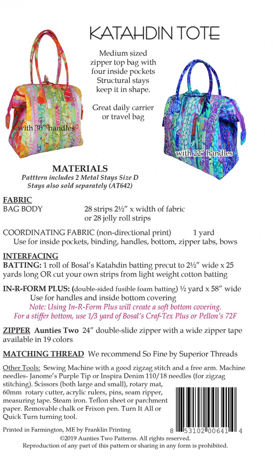 Katahdin Tote Sewing Pattern with Two Bag Stays by Carol McLeod of Aunties Two