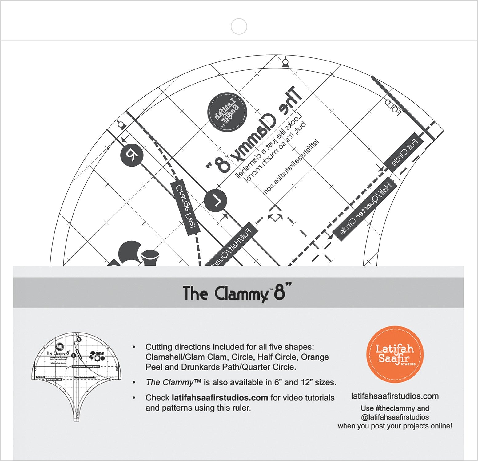 The Clammy 8-Inch Quilt Template for Clamshell, Circle, Half Circle, Orange Peel, and Drunkards Path
