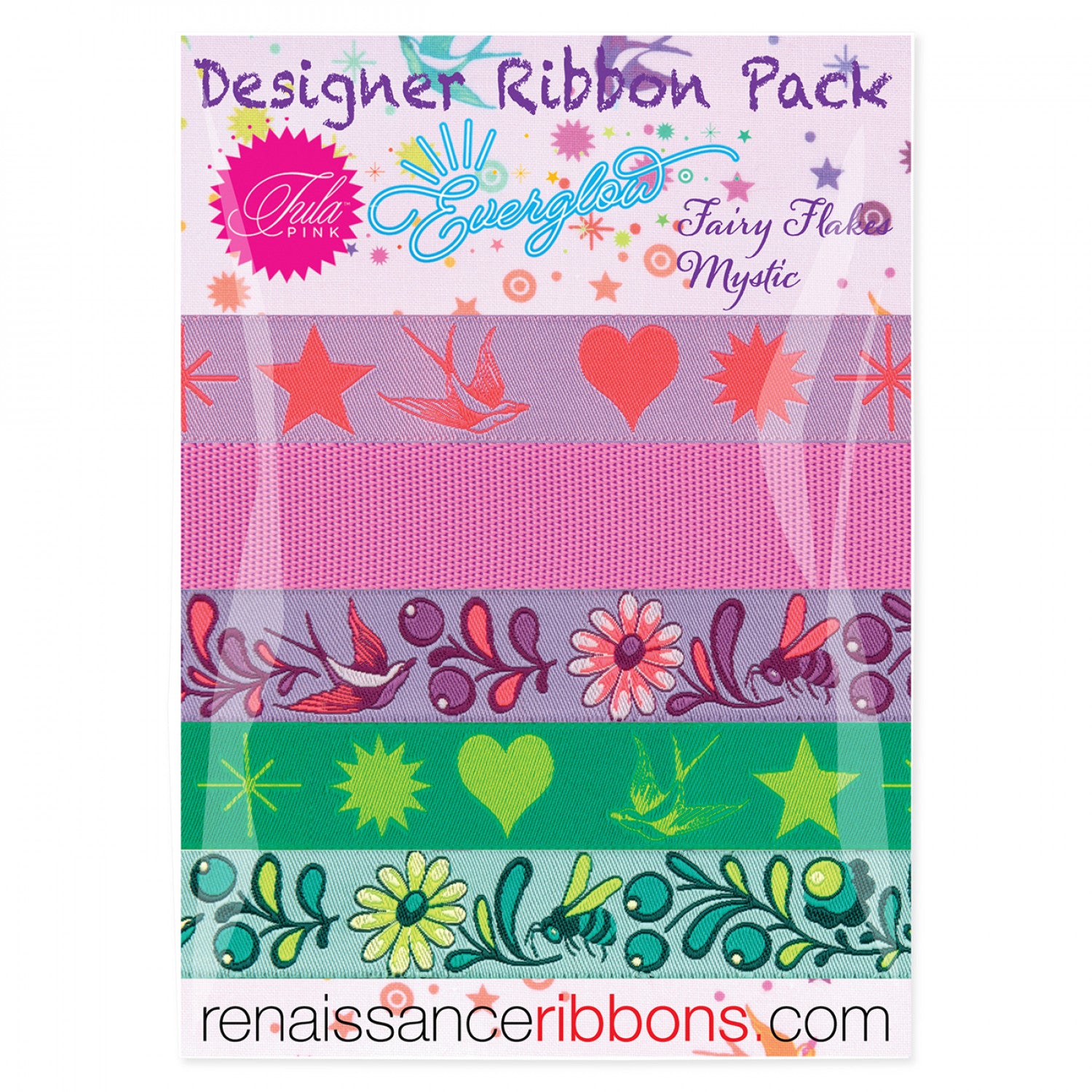 Everglow Fairy Flakes in Mystic Designer Ribbon Pack by Tula Pink for Renaissance Ribbons