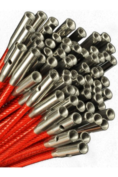 Close-up of the ends of many red ChiaoGoo TWIST cables in a bundle. Each red cable ends in a metal join with screw threads inside, and several joins show the small hole for the tightening key.
