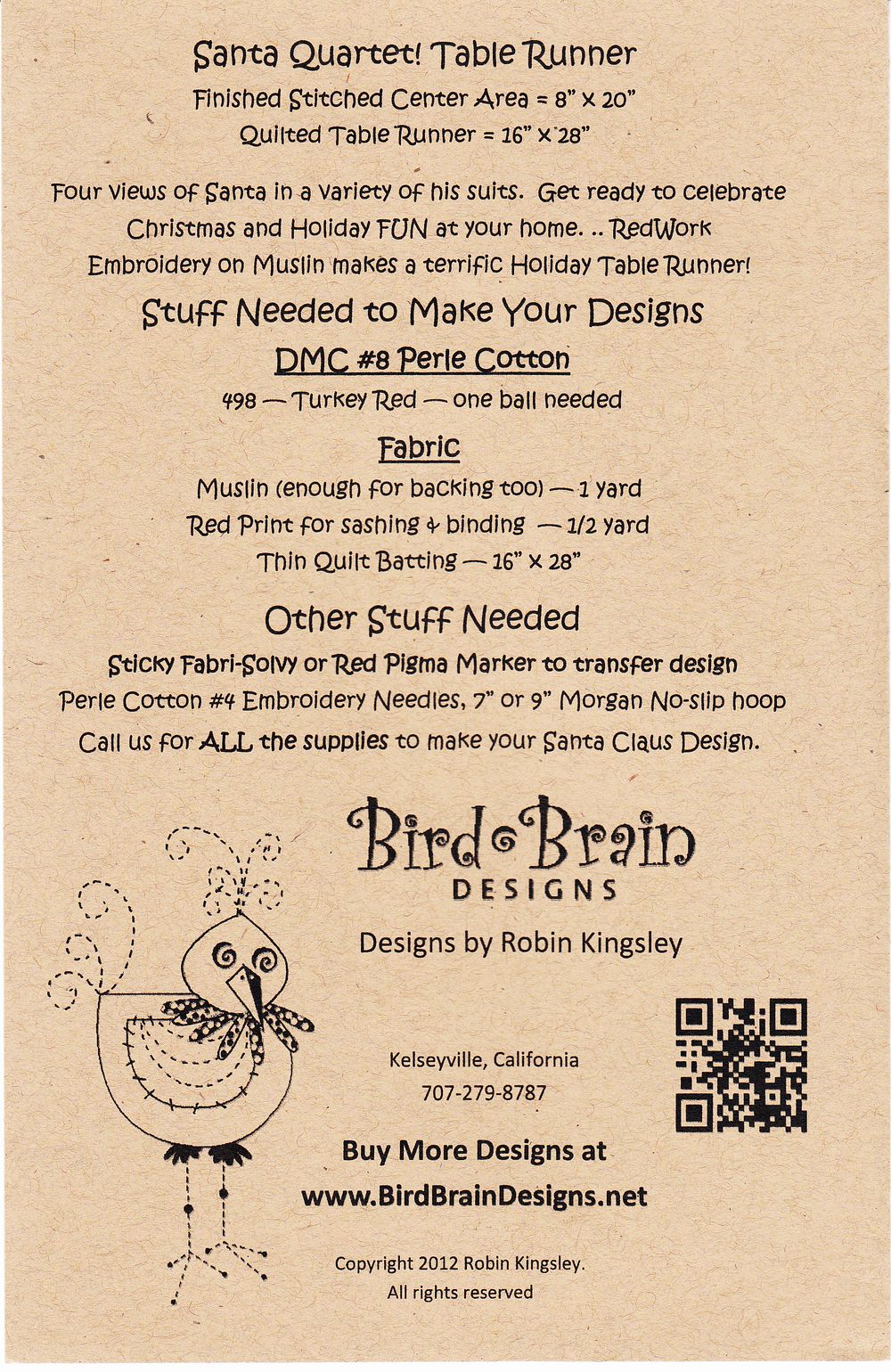 Santa Quartet Table Runner Embroidery Quilt Pattern by Robin Kingsley of Bird Brain Designs