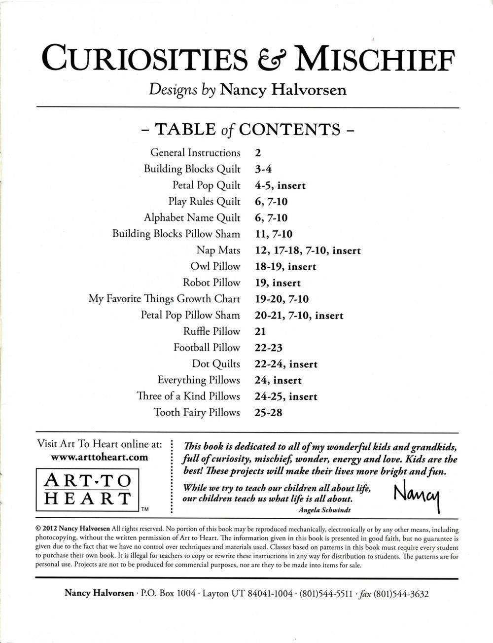 Curiosities And Mischief Quilt Pattern Book by Nancy Halvorsen of Art to Heart