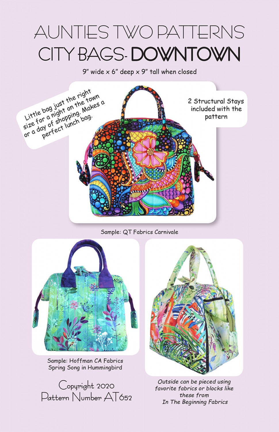 City Bag Downtown Sewing Pattern with Two Bag Stays from Aunties Two