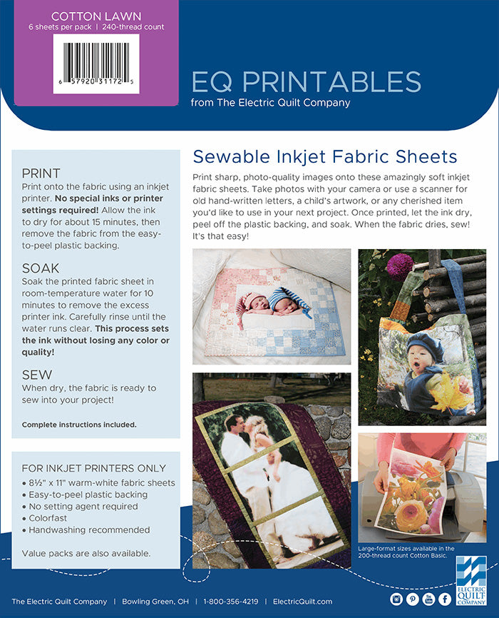 Cotton Lawn 240-Thread-Count Inkjet Printer 6 Fabric Sheets 8-1/2-Inch x 11-Inch by Electric Quilt Company