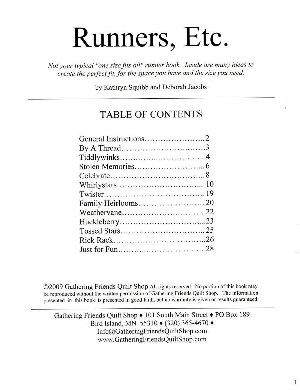 Runners, Etc. Quilt Pattern Book by Kathryn Squibb of Gathering Friends